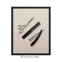 close-up of barber tools flat-lay framed poster showing metallic tool detail and Ayous wood frame