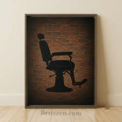 vintage barber chair negative-space silhouette on brick wall framed canvas