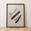 scissors comb straight razor flat-lay framed poster barbershop wall art minimalist