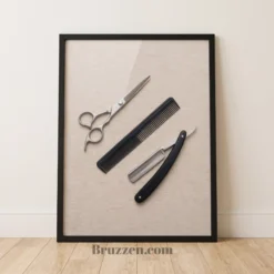 scissors comb straight razor flat-lay framed poster barbershop wall art minimalist
