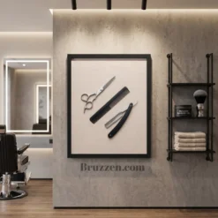 barber tools flat-lay framed poster displayed in modern barbershop interior beside mirror station
