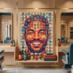 Barbershop mosaic portrait framed poster in red oak frame displayed in waiting area
