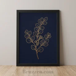 Gold barber scissors and botanical branch framed poster in black frame, barbershop wall art
