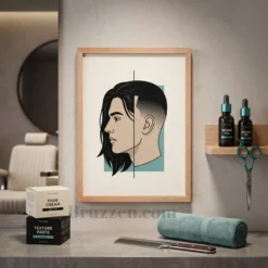 Split fade barber poster in red oak frame displayed above styling station