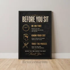 before you sit barbershop etiquette framed poster black cream gold typography