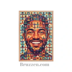 Close-up of barbershop mosaic portrait poster showing individual illustrated faces and black Ayous wood frame
