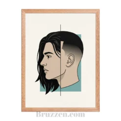 Close-up of split fade barber poster showing flat vector linework and black Ayous wood frame
