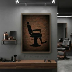barber chair brick silhouette canvas displayed in industrial barbershop