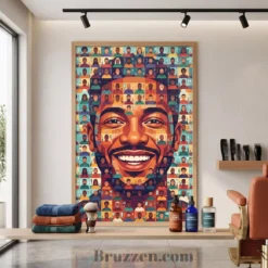 Vibrant mosaic portrait white framed poster styled in colorful community barbershop