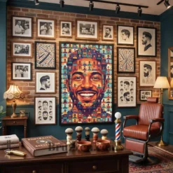 Barbershop mosaic portrait black framed poster anchoring community barbershop gallery wall