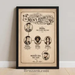 decades of style haircut timeline framed poster five eras mens hairstyles sepia parchment