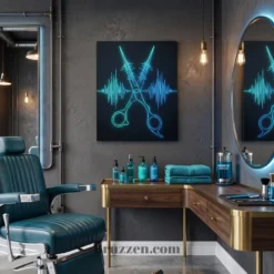 audio waveform shears metal print hanging in modern tech-forward barbershop academy