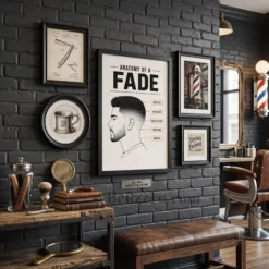 anatomy of a fade infographic poster anchoring editorial styled barbershop gallery wall