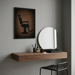 editorial-style barber chair brick canvas styled on barbershop styling floor