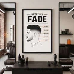 fade zone infographic framed print styled beside barbershop styling station