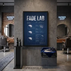 Fade Zone Blueprint Reference framed print styled on barbershop reception feature wall
