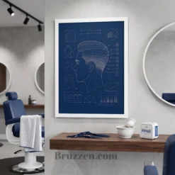 technical fade gradient framed poster styled beside barbershop styling station wall