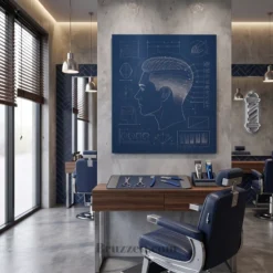 fade haircut blueprint metal print hanging in modern barbershop interior