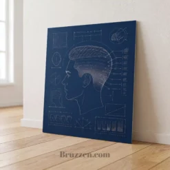fade haircut blueprint glossy metal print barbershop wall art navy and white