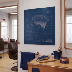 side angle view of fade haircut blueprint metal print showing floating wall mount depth