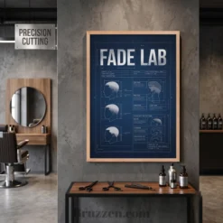 Fade Zone Blueprint Reference poster displayed on barber training academy reference wall
