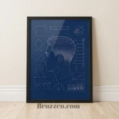 fade haircut blueprint framed poster barbershop wall art white linework on deep navy background