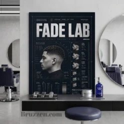 FADE LAB typography metal print displayed in barber training academy