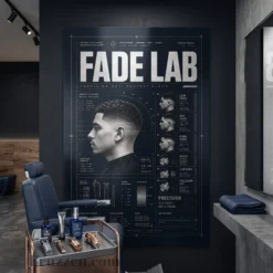 FADE LAB typography metal print hanging in modern barbershop interior