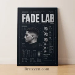 FADE LAB typography blueprint glossy metal print barbershop wall art navy black white
