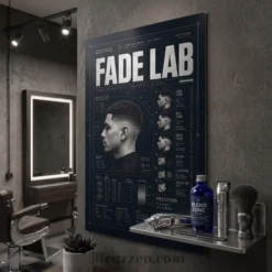 side angle view of FADE LAB typography metal print showing floating wall mount depth