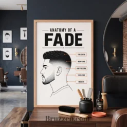anatomy of a fade infographic poster displayed on barber training academy wall