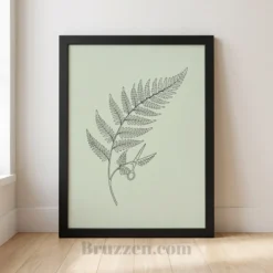 Fern branch and barber scissors line art framed poster in black frame, barbershop wall art