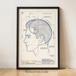 Fibonacci spiral side-part haircut blueprint framed poster navy lines off-white background