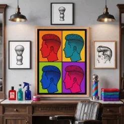 pop art male silhouette framed posters styled as four-piece color set on barbershop feature wall
