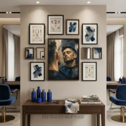 impressionist mirror reflection canvas anchoring gallery-style barbershop wall