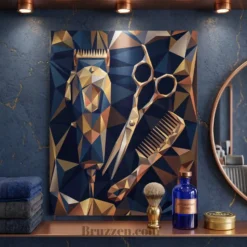 geometric barber tools metal print hanging in modern minimalist barbershop