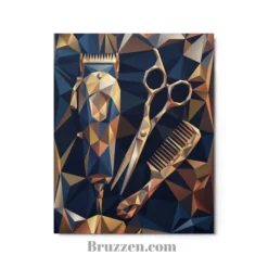 close-up of geometric barber tools metal print showing low poly shape detail and glossy finish