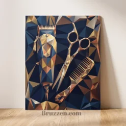low poly geometric barber tools glossy metal print hidden clippers scissors comb silhouette