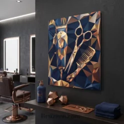 side angle view of geometric barber tools metal print showing floating wall mount depth