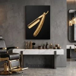 gold foil straight razor metal print hanging in upscale luxury barbershop interior