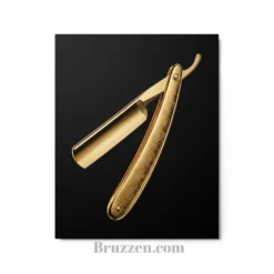 close-up of gold foil straight razor metal print showing blade reflection and glossy aluminum surface