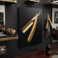side angle view of gold foil razor metal print showing floating wall mount and depth