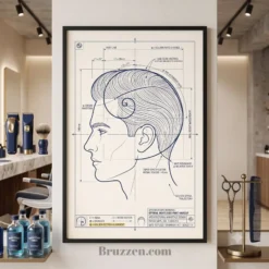 Fibonacci spiral haircut blueprint poster displayed beside barbershop styling station