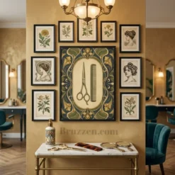 Art Nouveau barber tools canvas anchoring heritage-style barbershop gallery wall