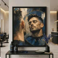 impressionist mirror reflection canvas displayed in barbershop waiting area