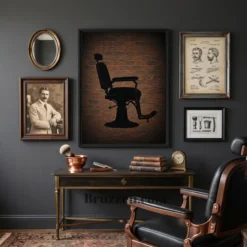 barber chair brick silhouette canvas anchoring industrial barbershop gallery wall