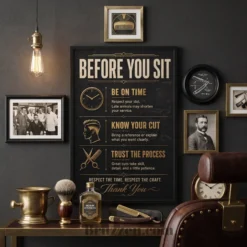 before you sit poster anchoring masculine luxury barbershop gallery wall