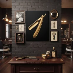 gold foil straight razor metal print styled on dark onyx feature wall in luxury barbershop