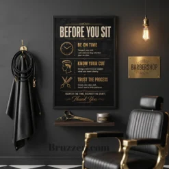 before you sit etiquette poster displayed at upscale barbershop entrance wall