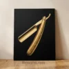 gold foil straight razor glossy metal print luxury barbershop wall art on matte black background